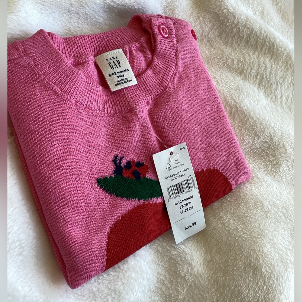 🍎Baby GAP Sweater Intarsia Apple Lady Bug Pink Red NEW 6-12 Months